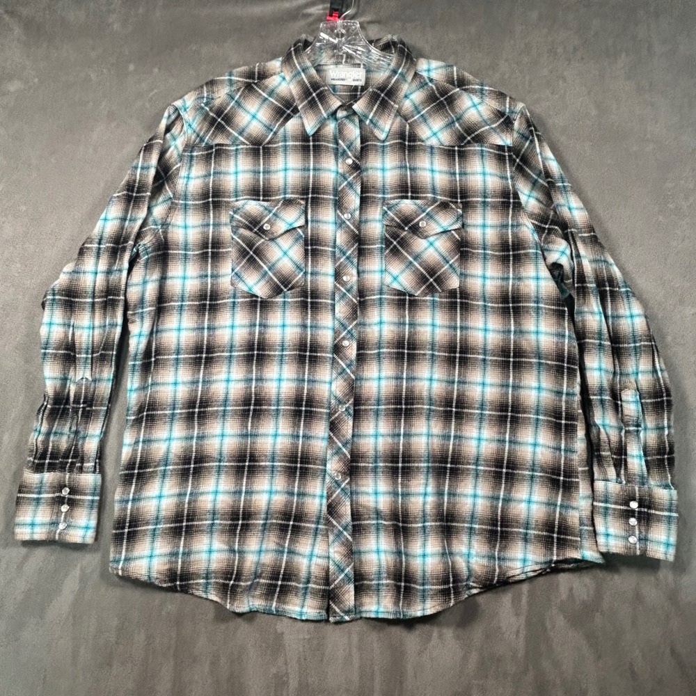 Wrangler Wrancher Mens Blue Black Plaid Pearl Snap Western Long Sleeve Shirt XL